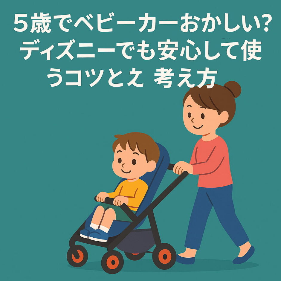 5歳児をベビーカーに乗せてディズニーを訪れる母親のイラスト