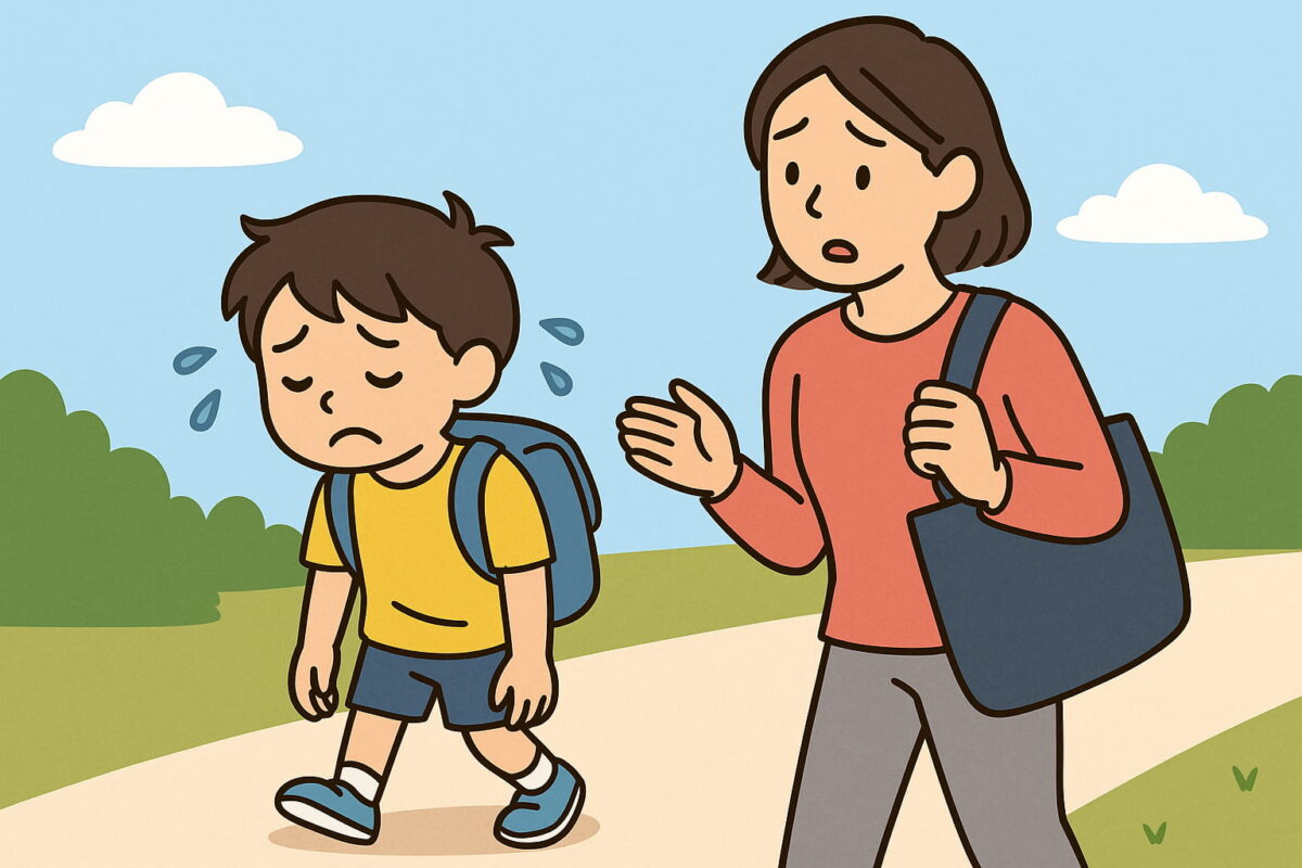 歩いて疲れている5歳児と心配そうな親のイラスト