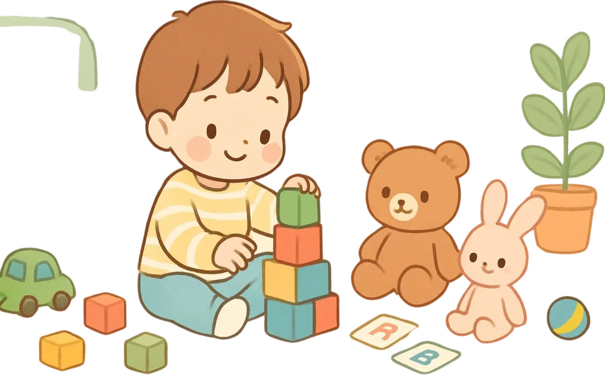 遊びに集中していて文字に興味を示さない5歳児の様子を描いたイラスト