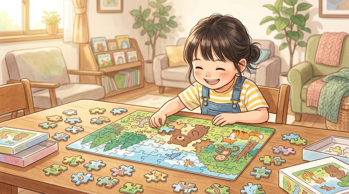 5歳児がパズルに取り組む様子のイラスト画像