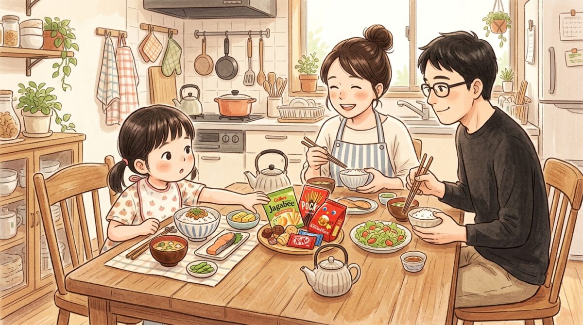 5歳児がご飯を食べずお菓子ばかり食べたがる様子を表すイラスト