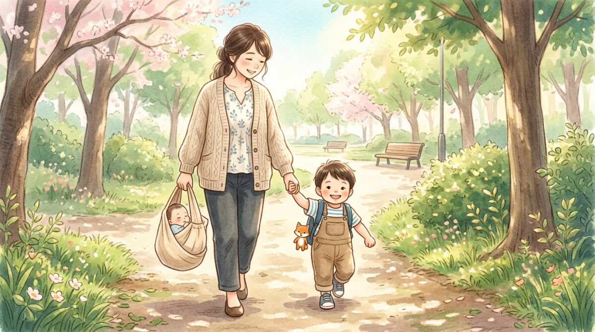 抱っこ紐を持つ親と自分で歩く子どものイラスト、抱っこ紐 いつまで卒業のイメージ