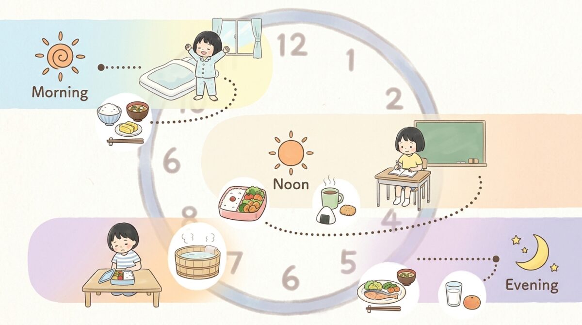 生活リズムの乱れによる子どもの空腹感のズレを表すイメージ図