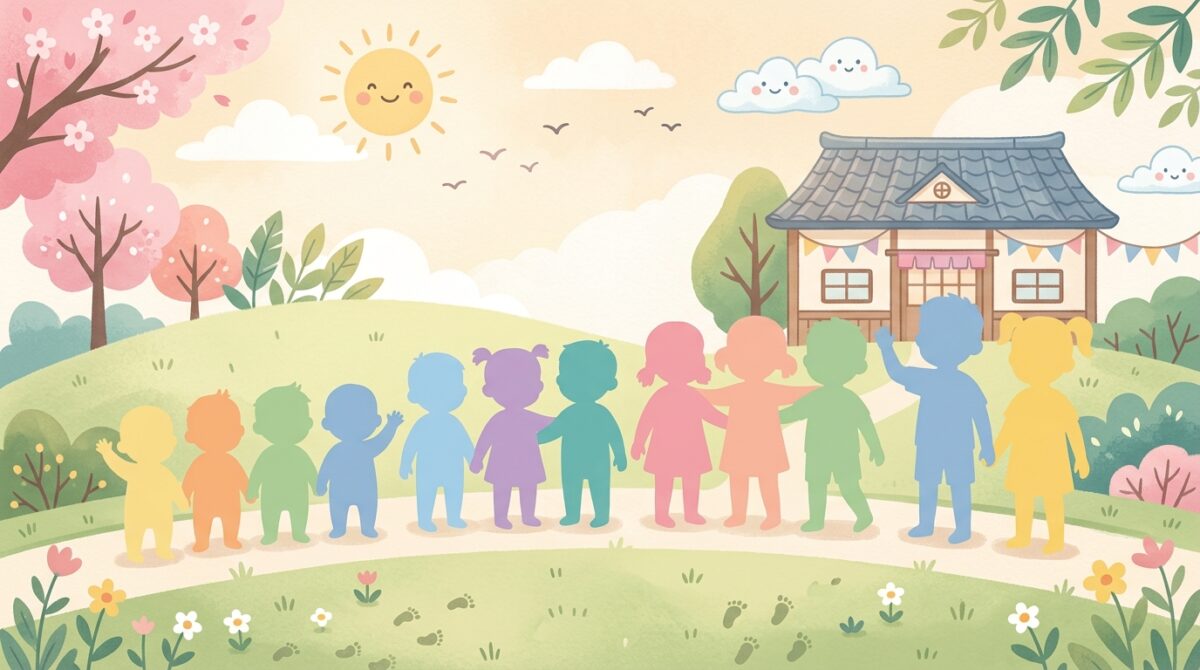 抱っこ紐卒業時期の年齢分布をイメージしたイラスト、1歳2歳が多いグラフ風デザイン