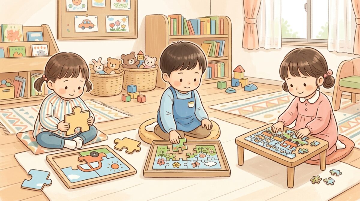 3歳・4歳・5歳のパズルの違いを比較するイラスト