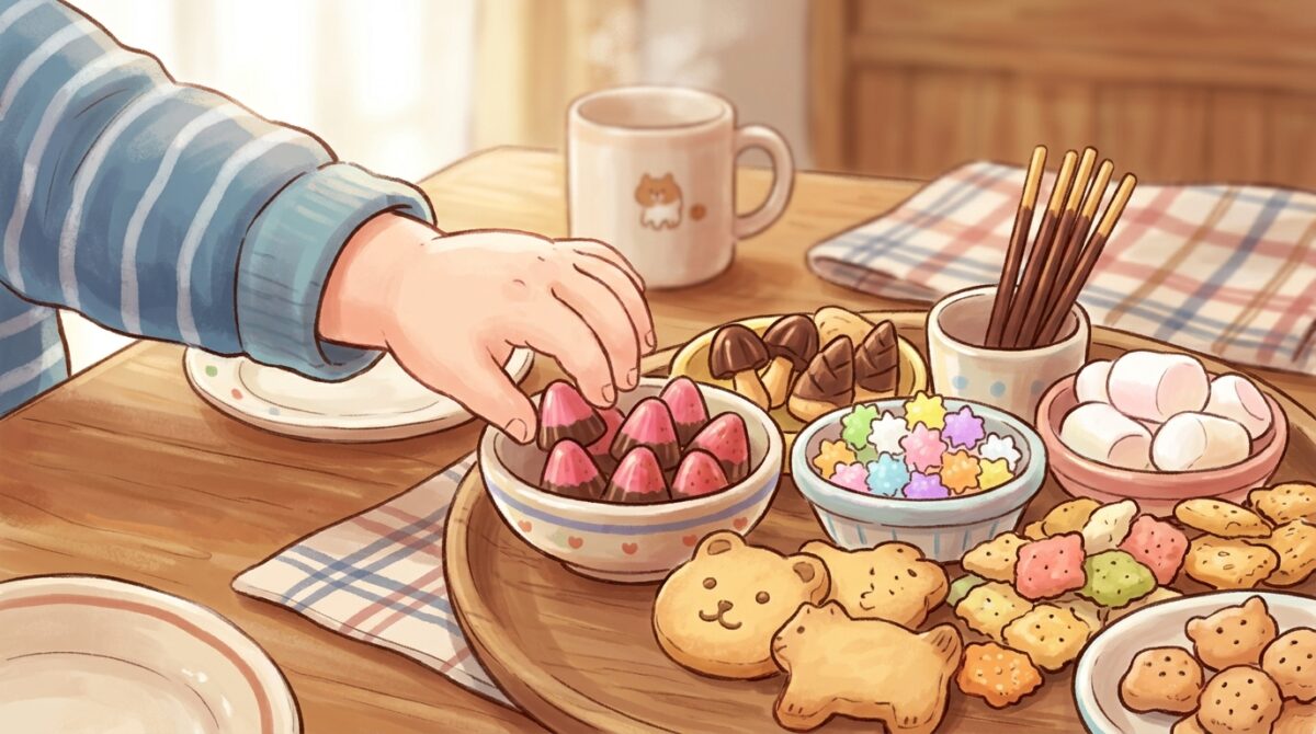 お菓子の口当たりの良さに惹かれる子どもの様子を表すイラスト