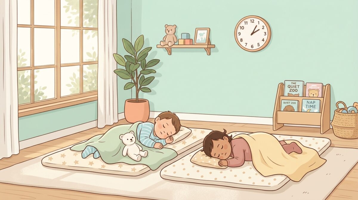 1〜2歳児クラスのお昼寝時間の目安を表すイラスト