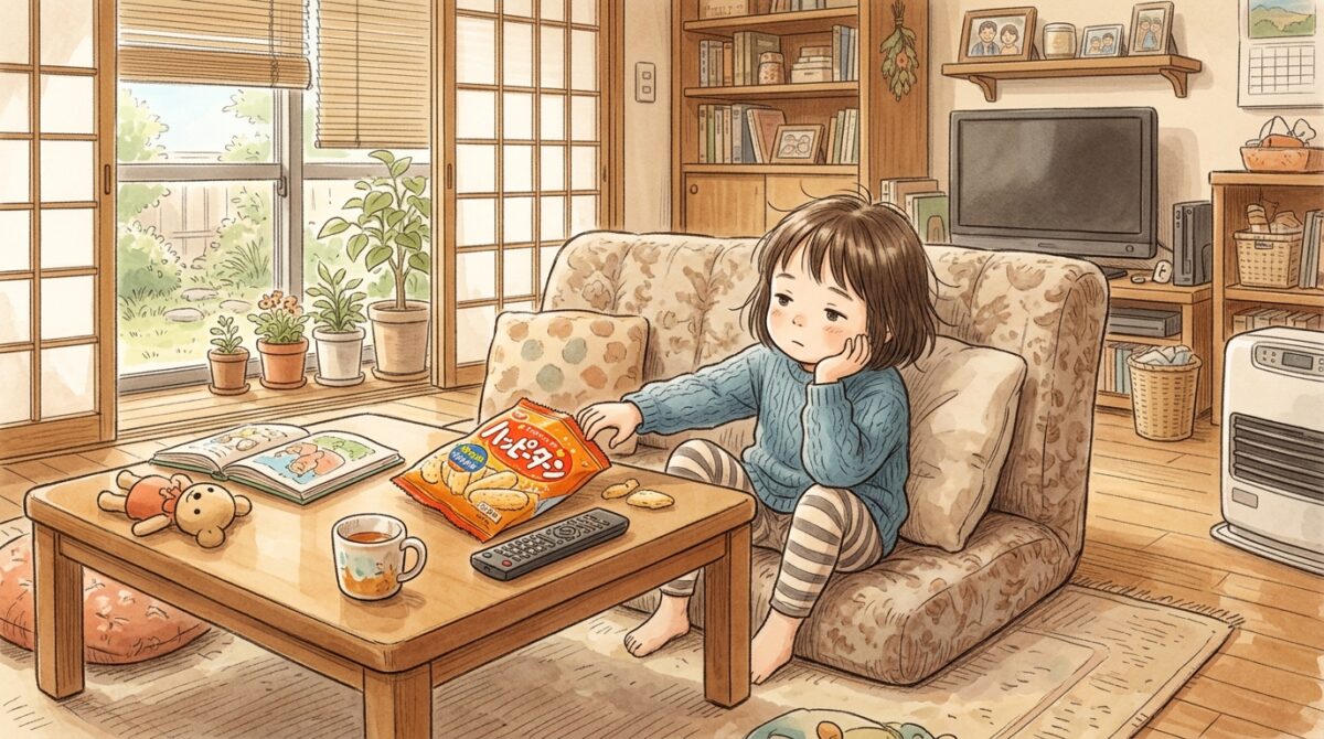 退屈な時間についお菓子に手が伸びる子どもの習慣を表すイラスト