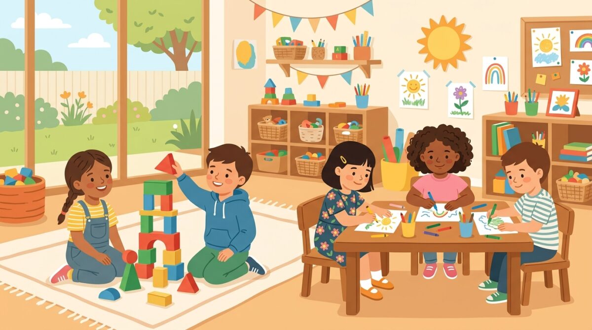 4〜5歳児クラスでお昼寝がなくなり活動する子どもたちのイラスト