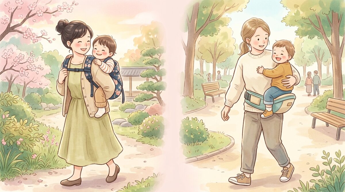 おんぶ紐とヒップシートを使う親子のイラスト、抱っこ紐との違いを表現