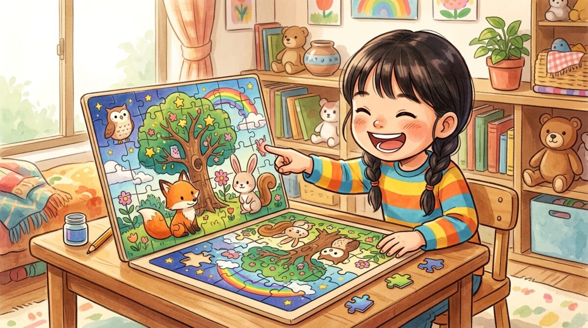 好きな絵柄のパズルに取り組む子どものイラスト