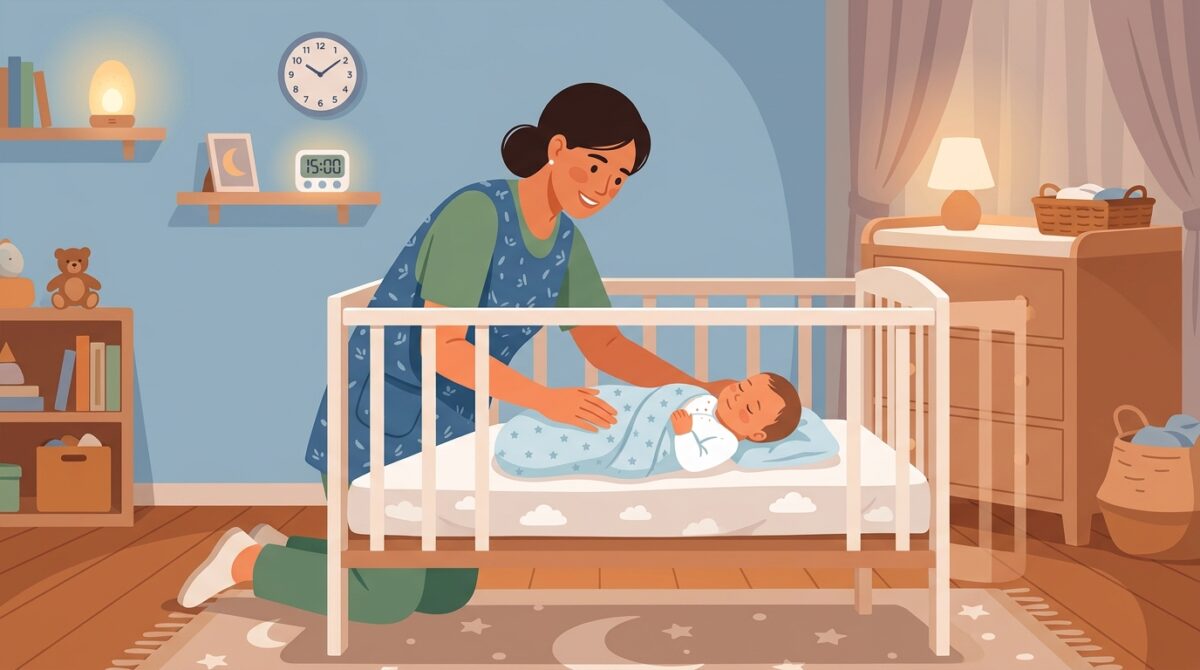 0〜2歳児のお昼寝時の安全確認をするイラスト