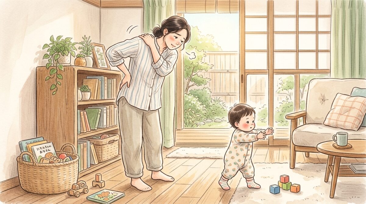 抱っこ紐卒業のサインを表す、肩や腰をさする親と歩きたがる子どものイラスト