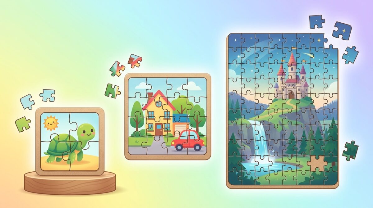 パズルのピース数を段階的に増やすステップアップのイメージ