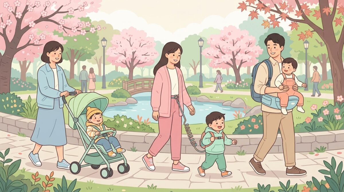 抱っこ紐卒業後の移動手段を表すベビーカーやハーネスのイラスト